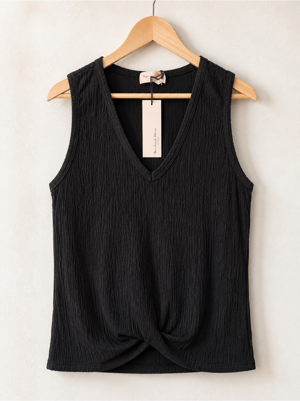 Michael Stars Black Minimalist Maggie Wrap Crop Crinkle Knit V-Neck Fitted Tank